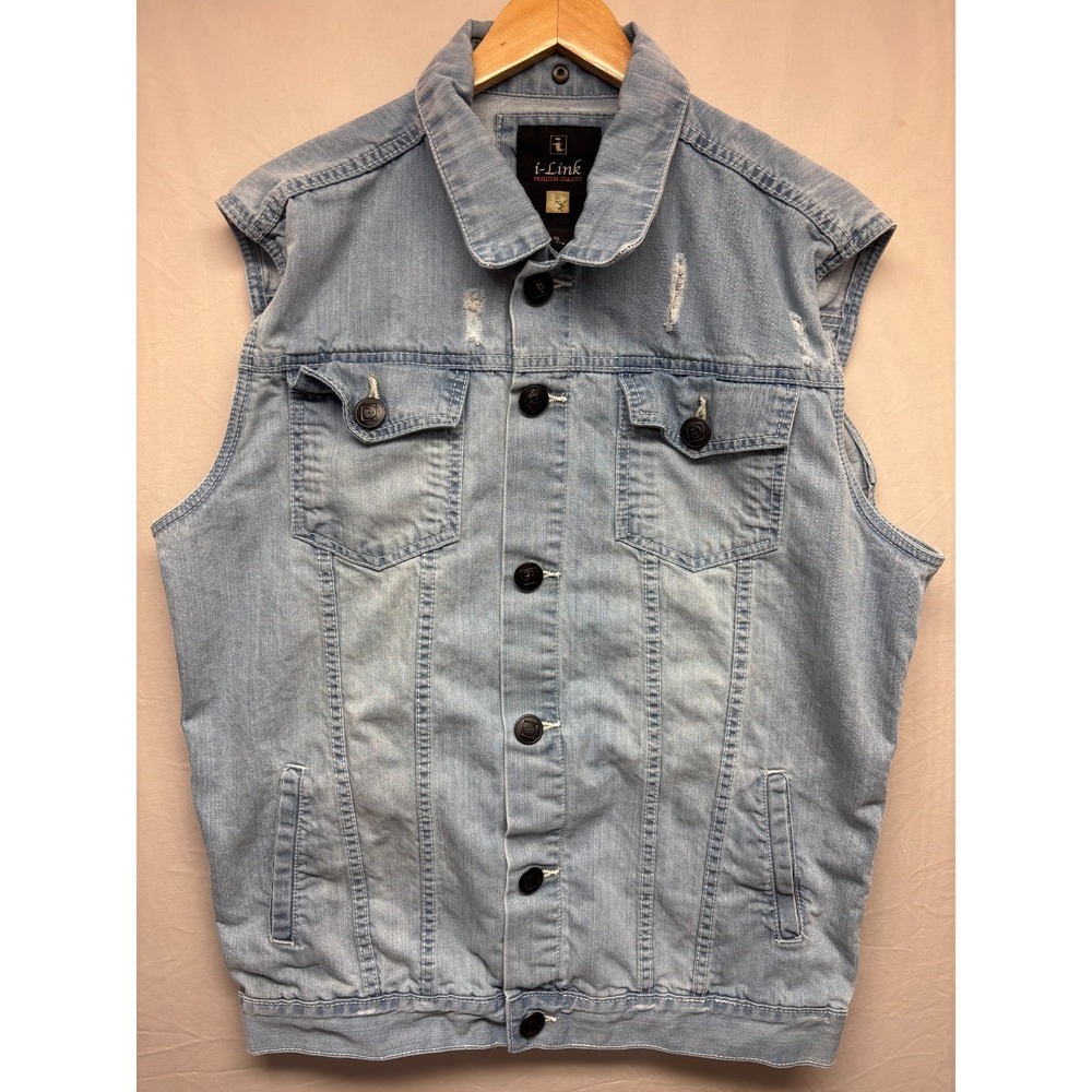 I-Link‎ Button Front Vest Jacket Womens Light Blue Distressed Denim Cotton XL